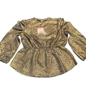 Alex‎ & Parker Women's L Gold Shimmer Holiday Balloon Plated Sleeves Blouse Top